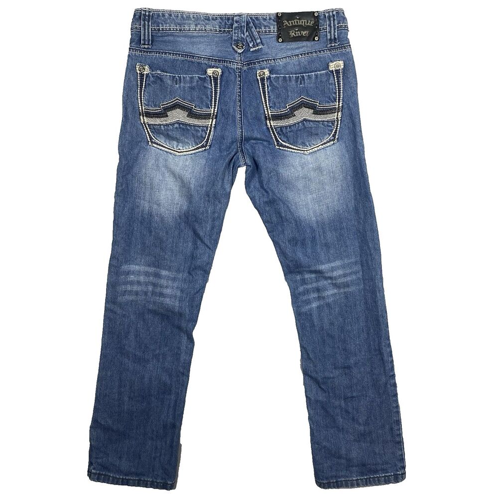 Antique Rivet Mens Jeans 30X30 SS010 Distressed Embroidered Contrast Stitch Blue